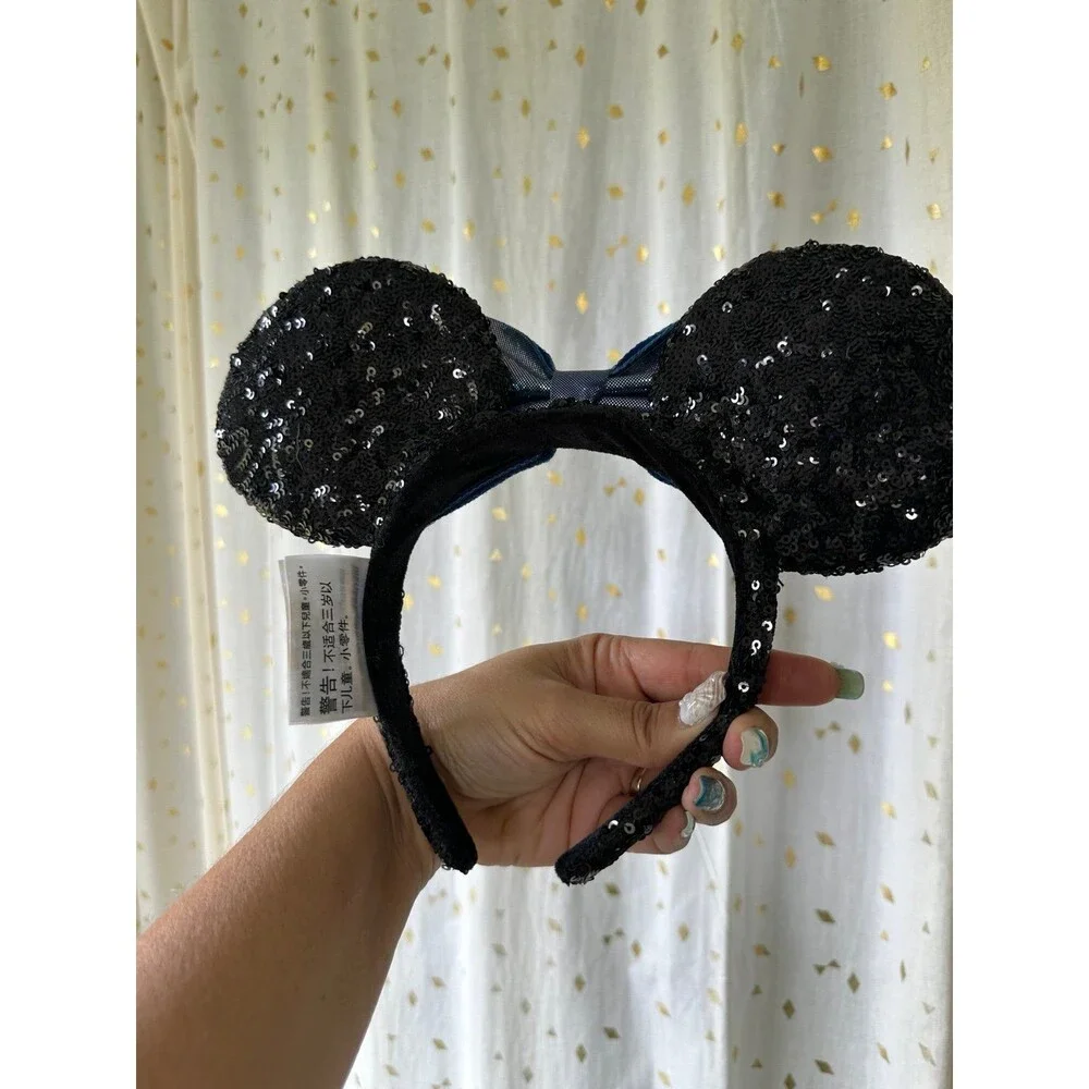 Disney Parks Sequin Minnie Mouse Shimmer Metallic Blue Bow Headband Ears